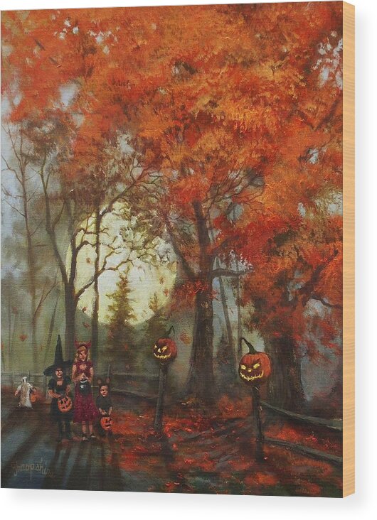  Autumn Wood Print featuring the painting Full Moon on Halloween Lane by Tom Shropshire