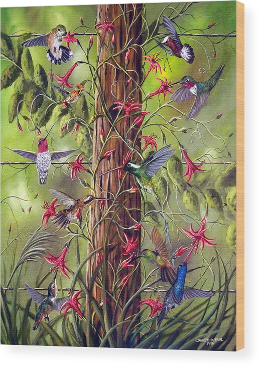 Birds Wood Print featuring the painting Gathering At The Fencepost by David G Paul