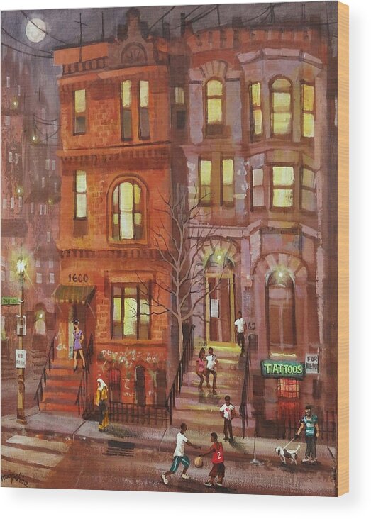  Brownstone Wood Print featuring the painting Moon Over Third Street by Tom Shropshire