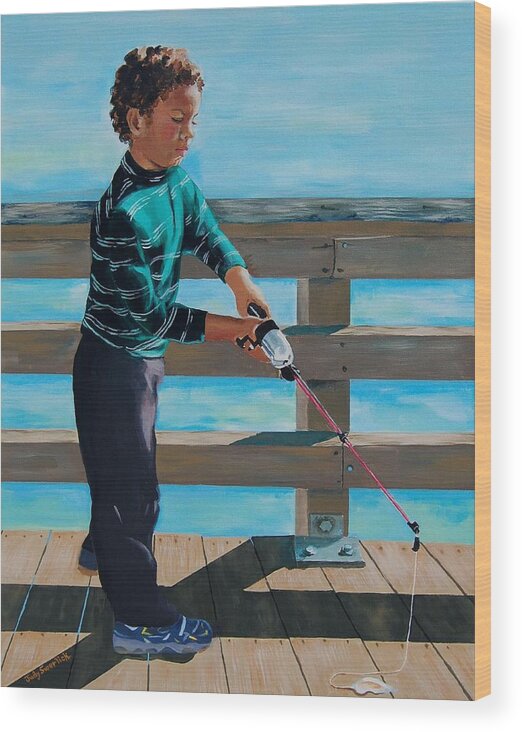 Fishing Wood Print featuring the painting Naples Boy Fishing by Judy Swerlick