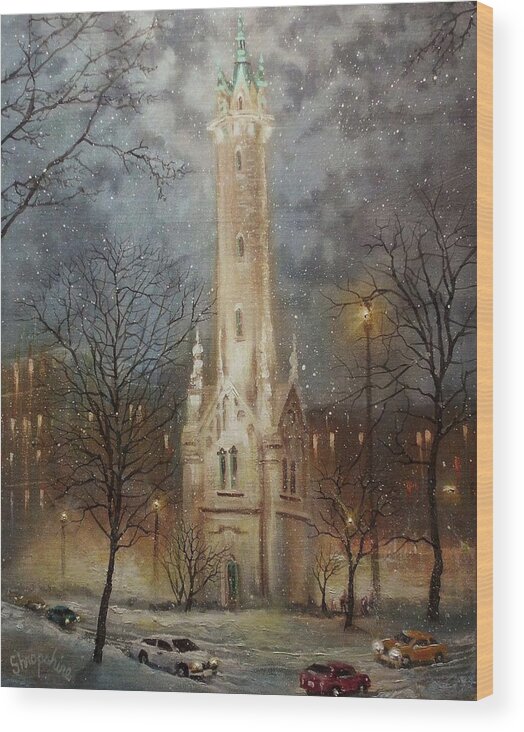 City At Night Wood Print featuring the painting Old Water Tower Milwaukee by Tom Shropshire