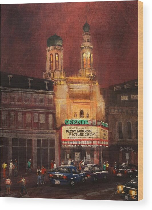 City At Night Wood Print featuring the painting Oriental Theater Milwaukee by Tom Shropshire