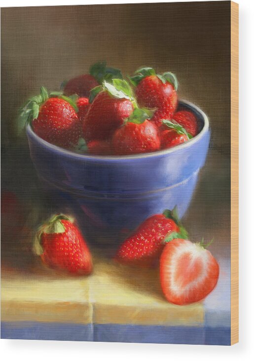 Strawberry Wood Print featuring the painting Strawberries on Yellow and Blue by Robert Papp