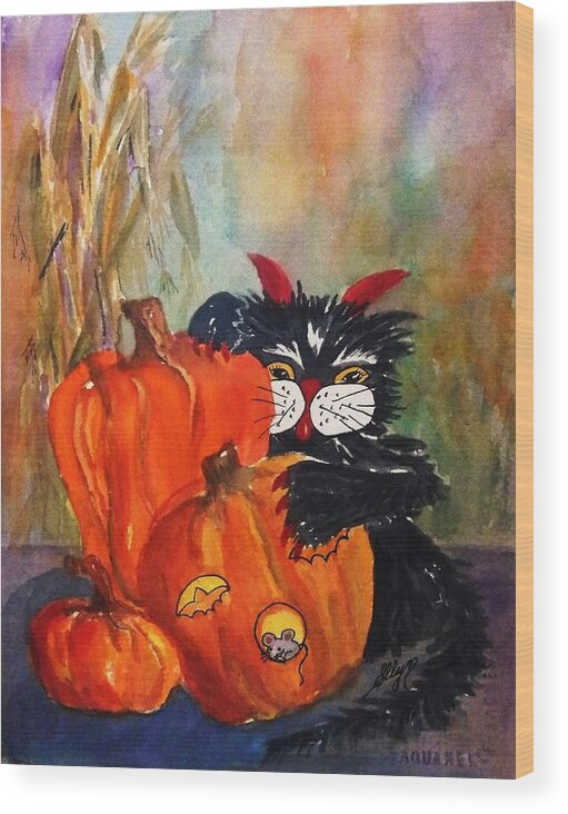 Devil Cat Wood Print featuring the painting The Devil Made Me Do It by Ellen Levinson