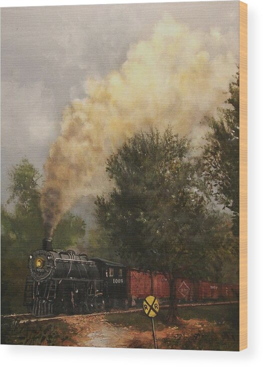 Original Art Wood Print featuring the painting Train Crossing Soo Line 1003 by Tom Shropshire