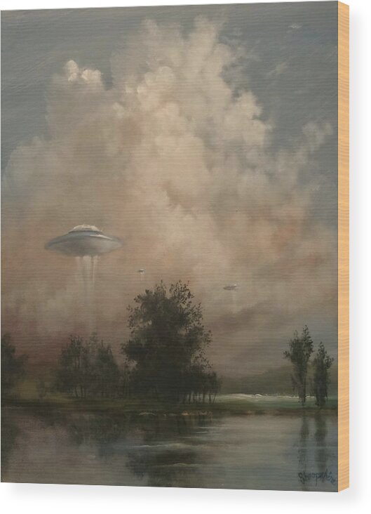 Ufo's Wood Print featuring the painting UFO's - A Scouting Party by Tom Shropshire