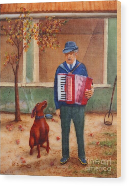Romania Wood Print featuring the painting Uncle Ioan and Rocky in Romania by Lora Duguay