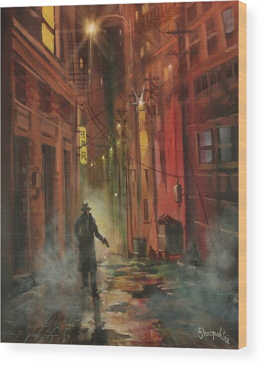 Art Noir Wood Print featuring the painting Back Alley Justice by Tom Shropshire