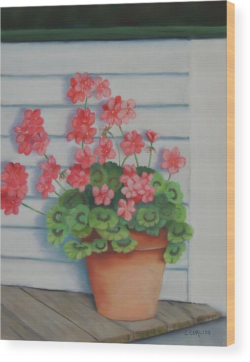 Front Wood Print featuring the pastel Front Porch Geraniums by Carol Corliss