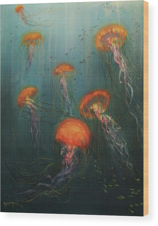 Jellies Wood Print featuring the painting Dance of the Jellyfish by Tom Shropshire
