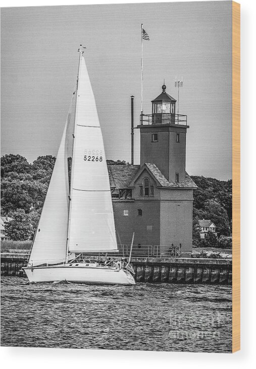 Holland Wood Print featuring the photograph Evening Sail At Holland Light - BW by Nick Zelinsky Jr