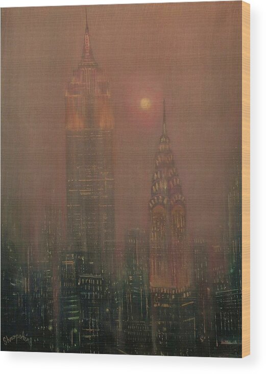 Chrysler Building Wood Print featuring the painting Giants in the Mist by Tom Shropshire