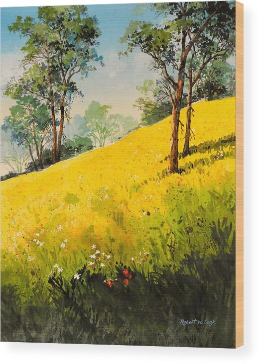 Landscape Wood Print featuring the painting Grassy Hillside II by Robert W Cook 