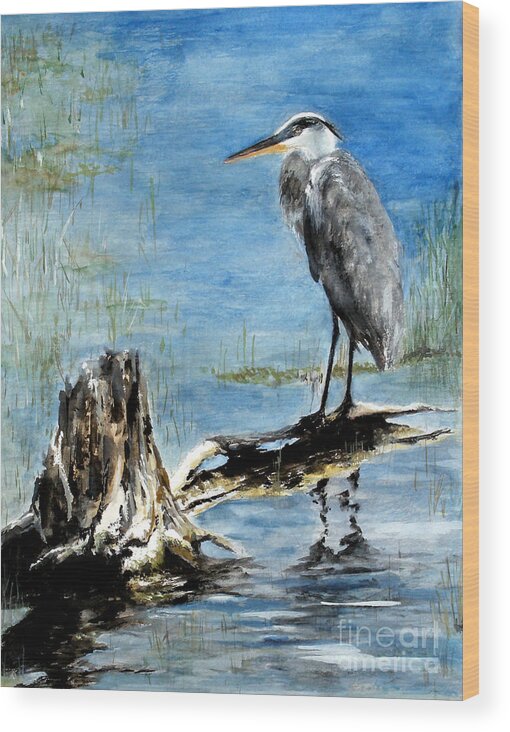 Great Blue Heron Wood Print featuring the painting Great Blue Heron by Sibby S
