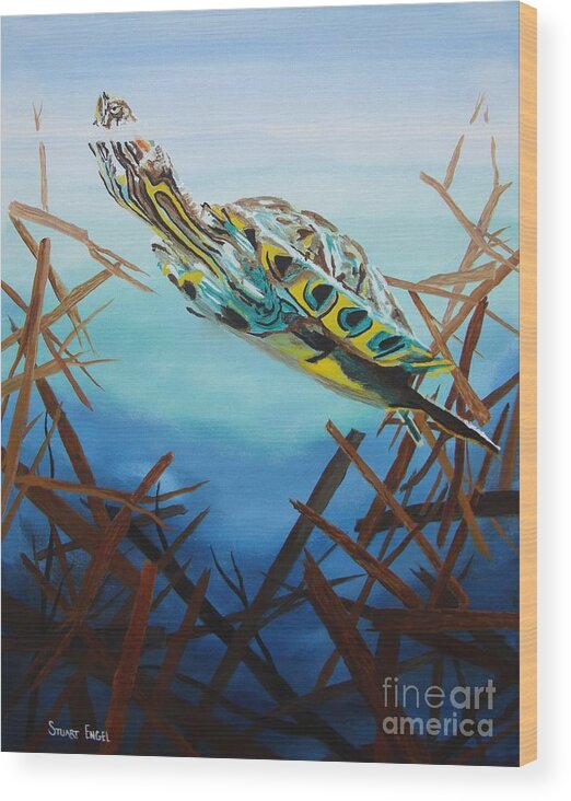 Red Ear Slider Wood Print featuring the painting Hunter by Stuart Engel