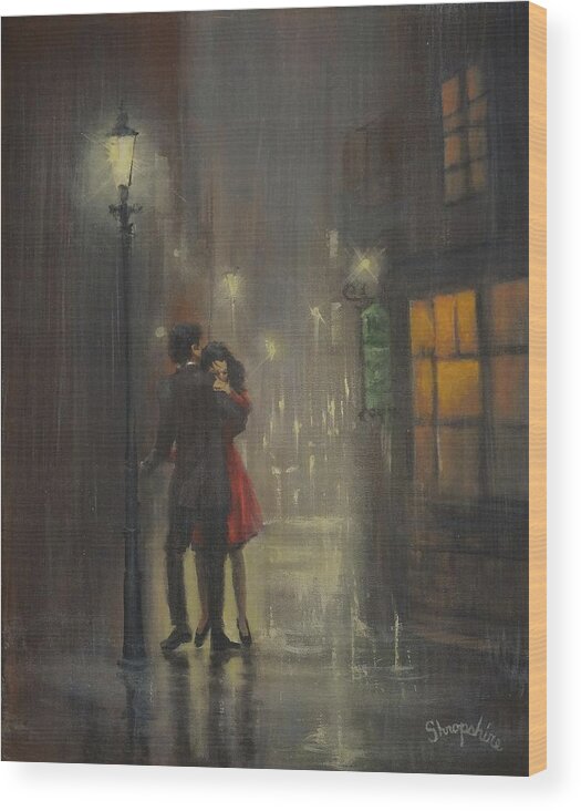 In The Still Of The Night; The Five Satins; Couple Slow Dancing; City Lights; Night City; Tom Shropshire Painting; Rainy Night Wood Print featuring the painting In The Still Of The Night by Tom Shropshire