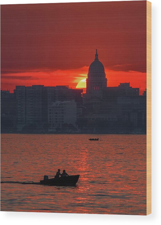 Madison Wi Sunset Monona Lake Monona Boating Fishing Capitol State Capitol Water Vertical Landscape Scenic Silhouette Skyline Wood Print featuring the photograph Madison Sunset over Lake Monona #1 by Peter Herman