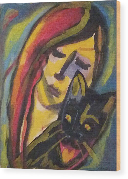 Katt Yanda Original Art Watercolor Red Hair Girl Holding Cat Wood Print featuring the drawing Red Hair Girl with Cat by Katt Yanda