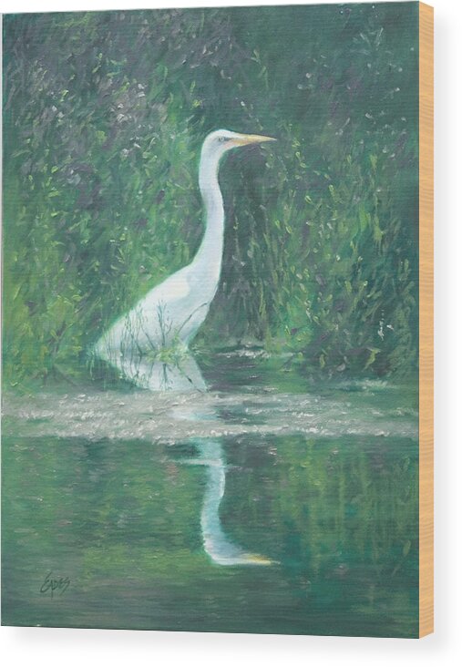 Egret Wood Print featuring the painting Silence by Linda Eades Blackburn