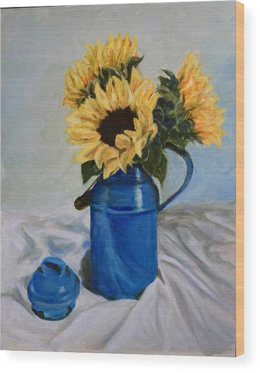 Sunflowers Wood Print featuring the painting Sunflowers in Milkcan by Sandra Nardone