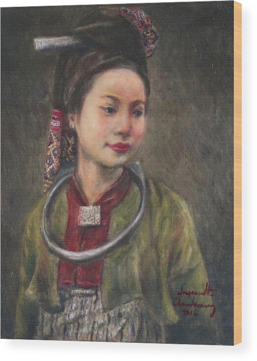 Tai Daeng Ethnic Wood Print featuring the painting Tai Daeng Woman II by Sompaseuth Chounlamany
