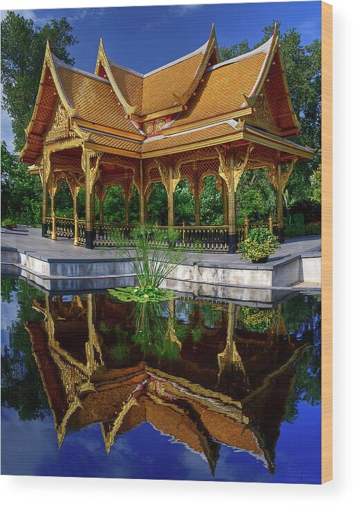 Thai Pavilion Gold Temple Water Blue Green Vertical Olberich Madison Wi Wisconsin Gardens Wood Print featuring the photograph Thai Pavilion at Olberich Garden Madison WI by Peter Herman