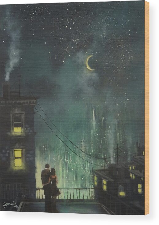 Up On The Roof; The Drifters; City Roof; Night City; Moon And Stars; Tom Shropshire Painting; City Lights; Crescent Moon; Couple On The Roof; Urban Landscape; Romance Wood Print featuring the painting Up On The Roof by Tom Shropshire