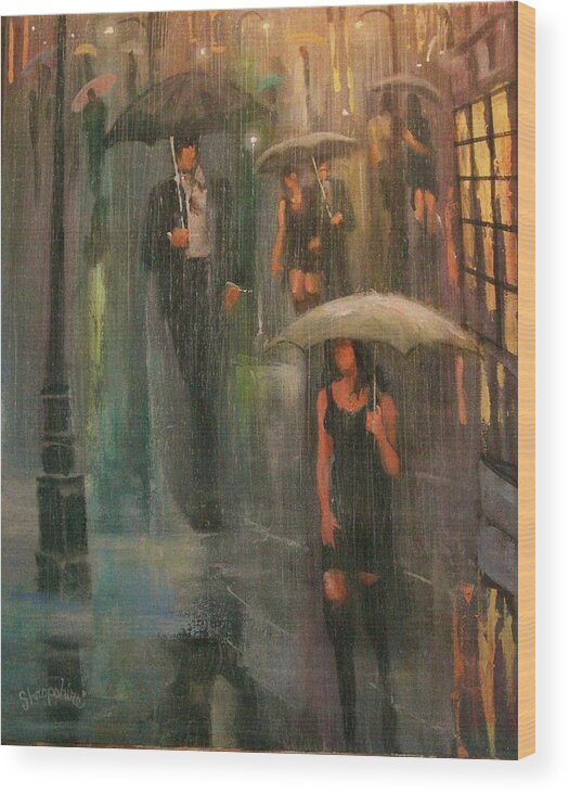  Downpour Wood Print featuring the painting Walking in the Rain by Tom Shropshire