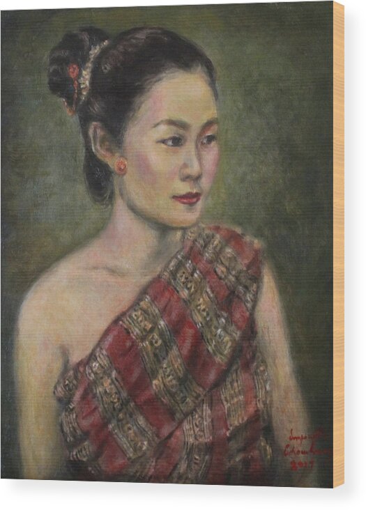 Lao Girl Wood Print featuring the painting Young Lao Maiden by Sompaseuth Chounlamany