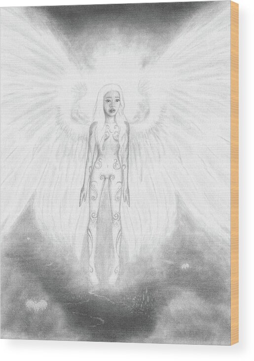 Angel Wood Print featuring the drawing As An Angel She Realized Why - Artwork by Ryan Nieves