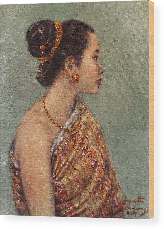 Lao Lady Wood Print featuring the painting Classic Lao Beauty by Sompaseuth Chounlamany