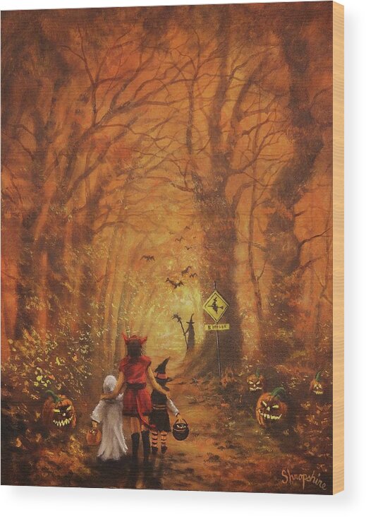 Halloween Wood Print featuring the painting Witch Crossing Ahead by Tom Shropshire