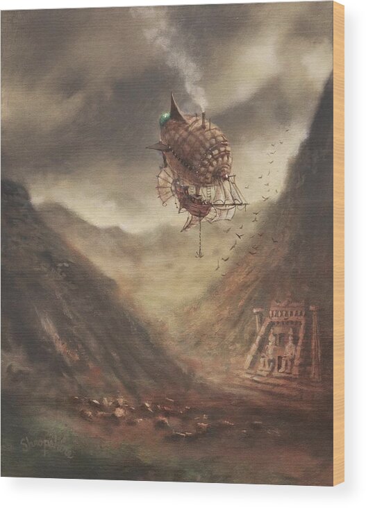 Airship Wood Print featuring the painting Airship Explorer by Tom Shropshire