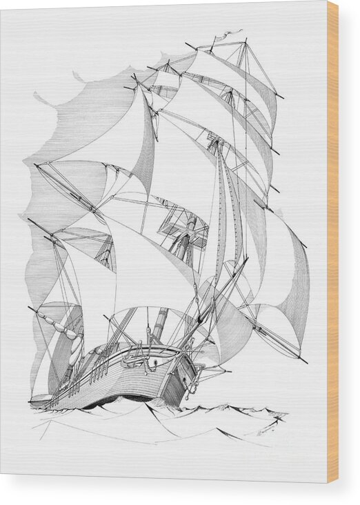 Historic Vessels Wood Print featuring the drawing Barque in Full Sail by Panagiotis Mastrantonis