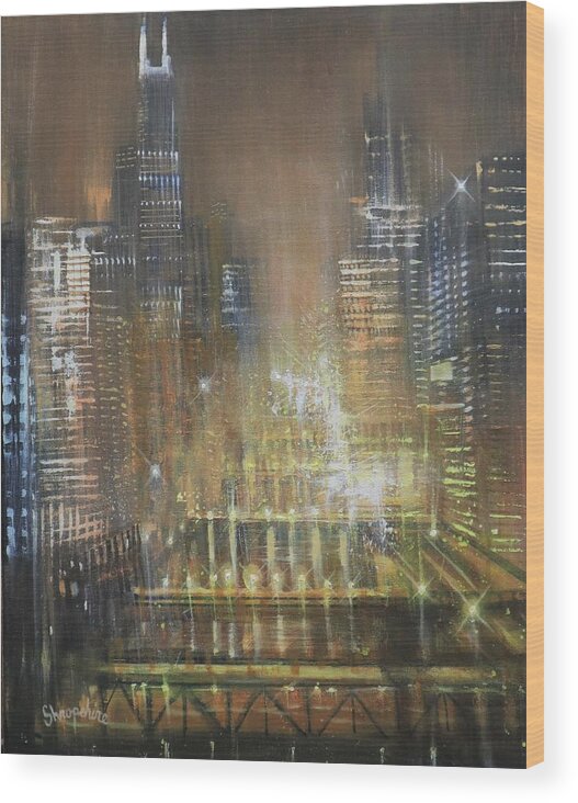 Chicago Wood Print featuring the painting Chicago River Gold by Tom Shropshire