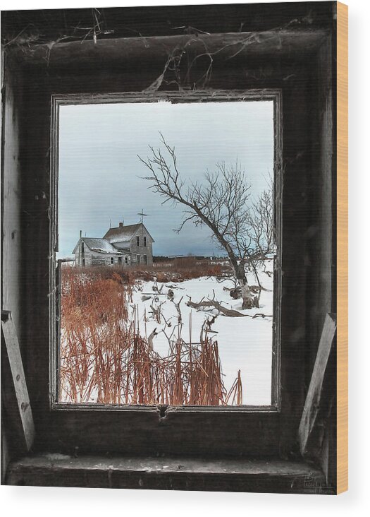 Abandoned Homestead Farmhouse Desolate Framed Architecture Rural Nd North Dakota Winter Scenic Landscape Vertical Windswept Wood Print featuring the photograph Framed Memories #1 of 2 - Stensby homestead captured through chicken coop window in winter by Peter Herman