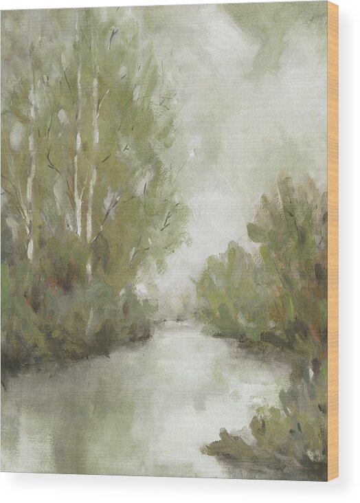 Muted Greens Gray Tan White Trees Birch Landscape River Reflection Wood Print featuring the painting Gentle Springtime 2 by Carol Robinson