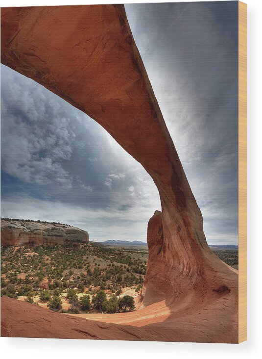 Wilson Arch Wood Print featuring the photograph Wilson Arch Utah 1 of 2 - vertical ultrawide panorama from underneath arch looking south by Peter Herman