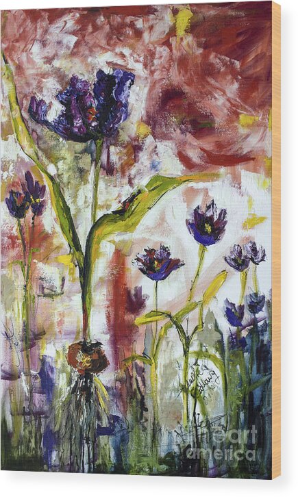 Abstract Wood Print featuring the painting Black Tulips Expressive Oil and Ink Painting by Ginette Callaway