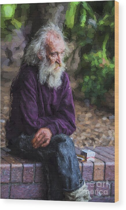 Painterly Effect Wood Print featuring the photograph Elderly man sits on a wall by Sheila Smart Fine Art Photography