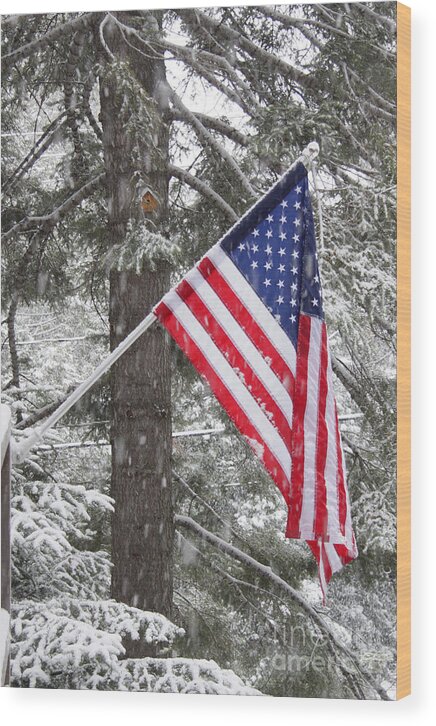 Winter Wood Print featuring the photograph Old Glory in Winter and During a Snowstorm by Kenny Bosak