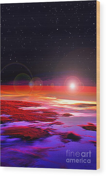 Sun Sunrise Lake Michigan Chicago Fire Sky Stars Red Blue Clouds Horizon Space Wood Print featuring the photograph Sunrise At Fourty Thousand by Adam Olsen