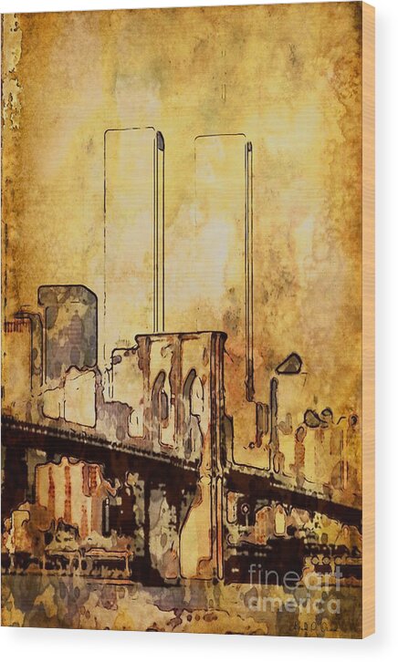 Brooklyn Bridge Building Twin Towers Water Commemorative Skyline 911 Painting Cover-art Poster Canvas New York Ny Watercolor Cover-art Wood Print featuring the photograph Towers Remembered by Adam Olsen