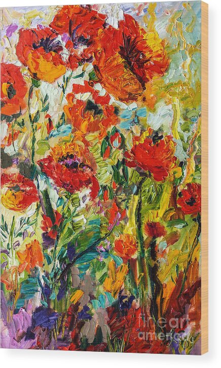 Abstract Wood Print featuring the painting Impressionist Red Poppies by Ginette Callaway