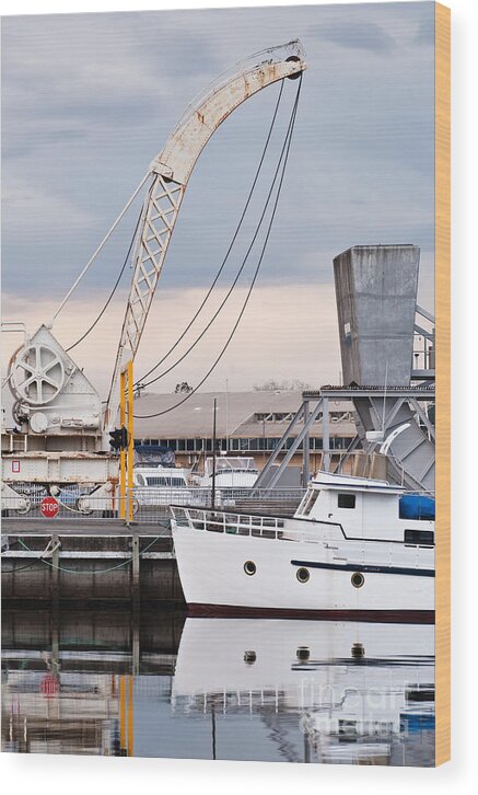 Australia Wood Print featuring the photograph Boat and old crane reflections by David Lade