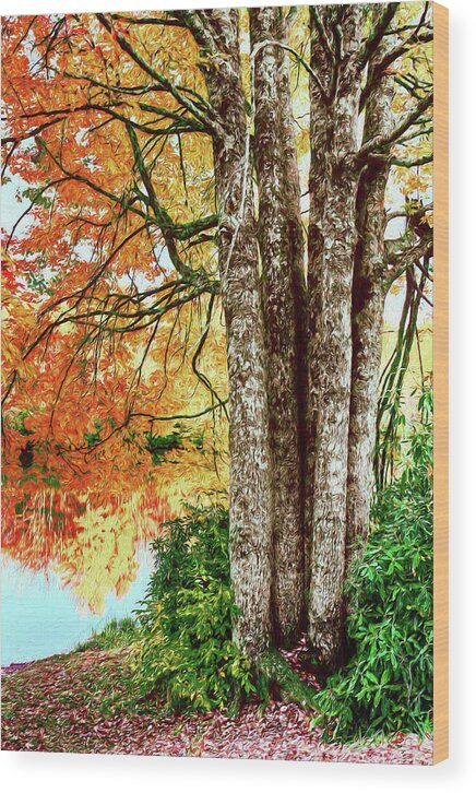 Fall Colors Wood Print featuring the painting Fall Colors Reflecting in a Blue Ridge Lake AP by Dan Carmichael