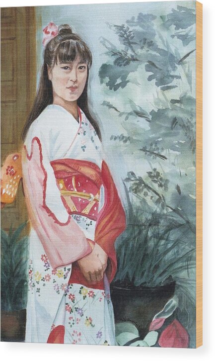 Japanese Girl In Kimono Wood Print featuring the painting Girl in Kimono by Judy Swerlick