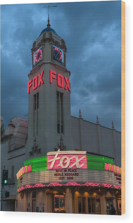 1937 Wood Print featuring the photograph Majestic Fox Theater Neon Tribute Merle Haggard by Connie Cooper-Edwards