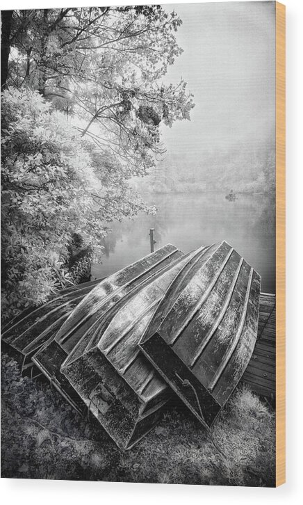 Blue Ridge Parkway Wood Print featuring the photograph Row Boats on Blue Ridge Parkway Price Lake BW by Dan Carmichael