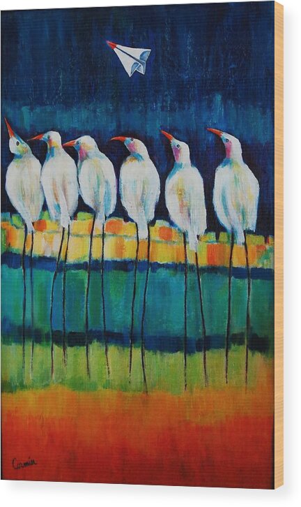 Expressive Birds Wood Print featuring the painting UFO Sighting by Jean Cormier